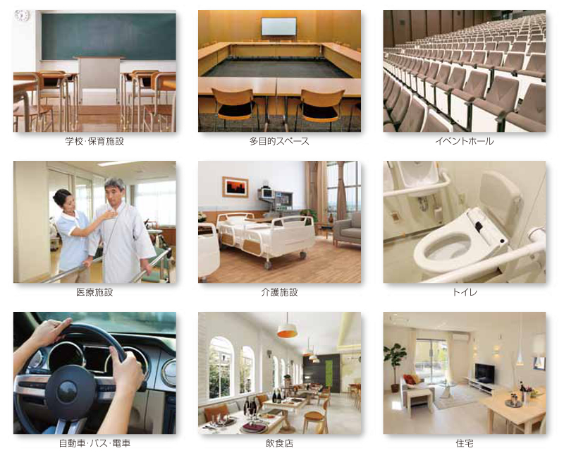 スリージーコートが効果的な場所、施設（学校・保育施設、多目的スペース、イベントホール、医療施設、介護施設、トイレ、自動車・バス・電車、飲食店、住宅）